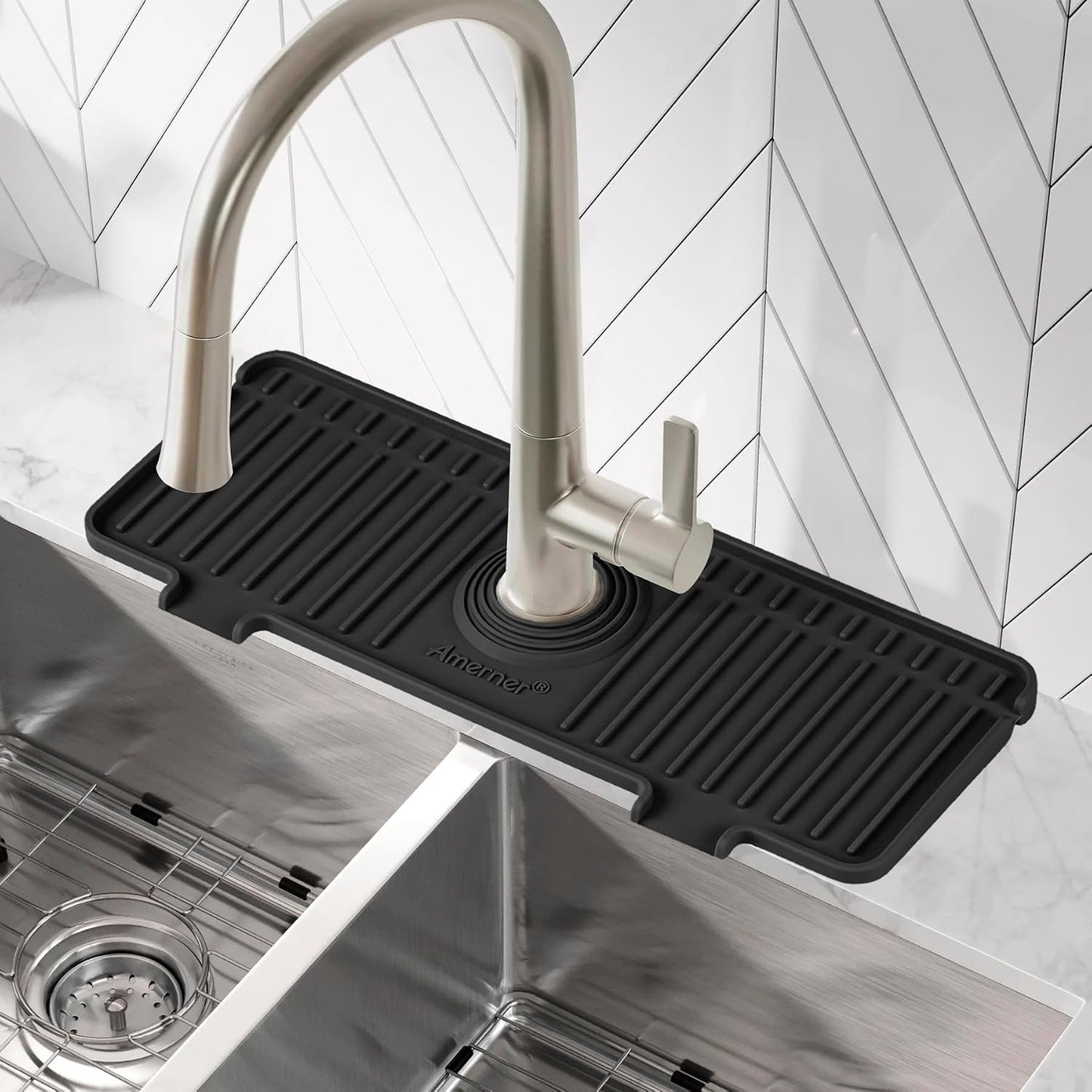 Kitchen Sink Splash Guard, 20IN Longer Silicone Faucet Guard & Draining Mat, Bathroom and Kitchen Sink Organizer, Sink Faucet Mat Water Splash Guard Behind Faucet Accessories Gadget, 20” x 5.5”, White
