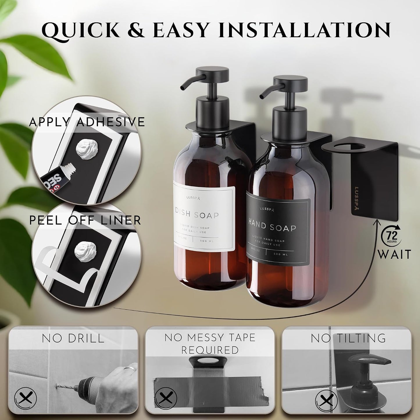 Wall Mount Soap Dispenser Holder, 2 Pack – 304 Stainless Steel, 2.95"×1.97"×2.56", 1.1" Neck Fit, No-Drill Peel & Stick Adhesive, Rustproof, Fits LUSSPA Bottles (Matte Black)