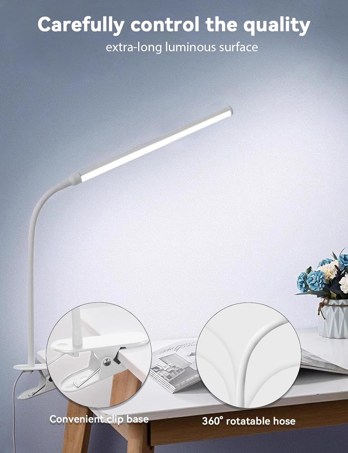 2 Pack LED Desk Lamp with Clamp,Eye-Friendly Clip on Lights for Home Office Study Reading,3 Modes 10 Brightness,Long Flexible Goose-Neck,Swing Arm Architect Task Table Lamps USB Usage