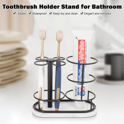 Toothbrush Holder Stand for Bathroom, Metal Toothbrush Organizer with Marble Base, Toothbrush Storage Collection for Family, Suitable for Home Hotel Countertop Vanity (Small, Matte Black)