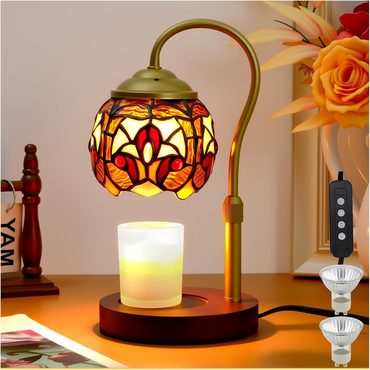 Candle Warmer Lamp - Electric Candle Lamps Timer Dimmer, Sunflower Tiffany Style Stained Glass Candle Warming Lamp Compatible with Jar Candles Valentine Birthday Gifts for Mom Friend Wax Melt Warmer