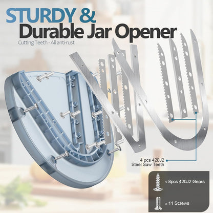 Mount-on Cabinet Jar Opener for Weak Hands,Seniors with Arthritis,Double U Shaped Grooves Grip Bottle Opener for Any Size Lid,304 Stainless Steel One-Handed Can Opener Tool for Home Assistance,Blue