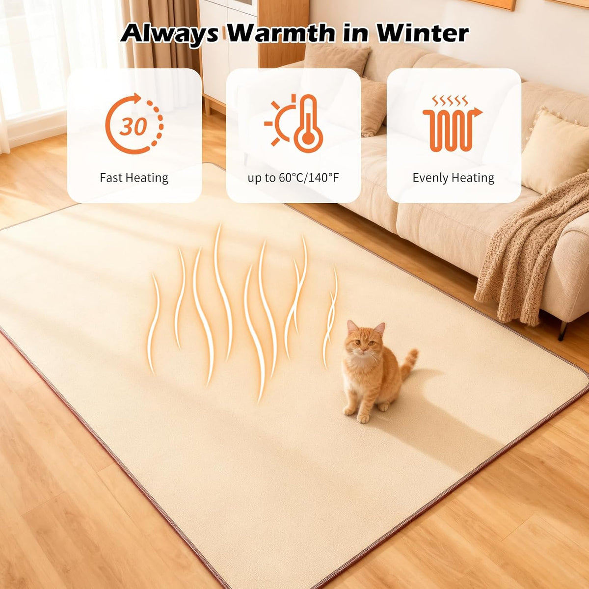 120V Electric Heated Mat Easy Clean PVC Surface Heating Carpet Space Heater Floor Rug with Timer Fast Warm Up for Living Room Office Play Room 600W 39x59 inch NM