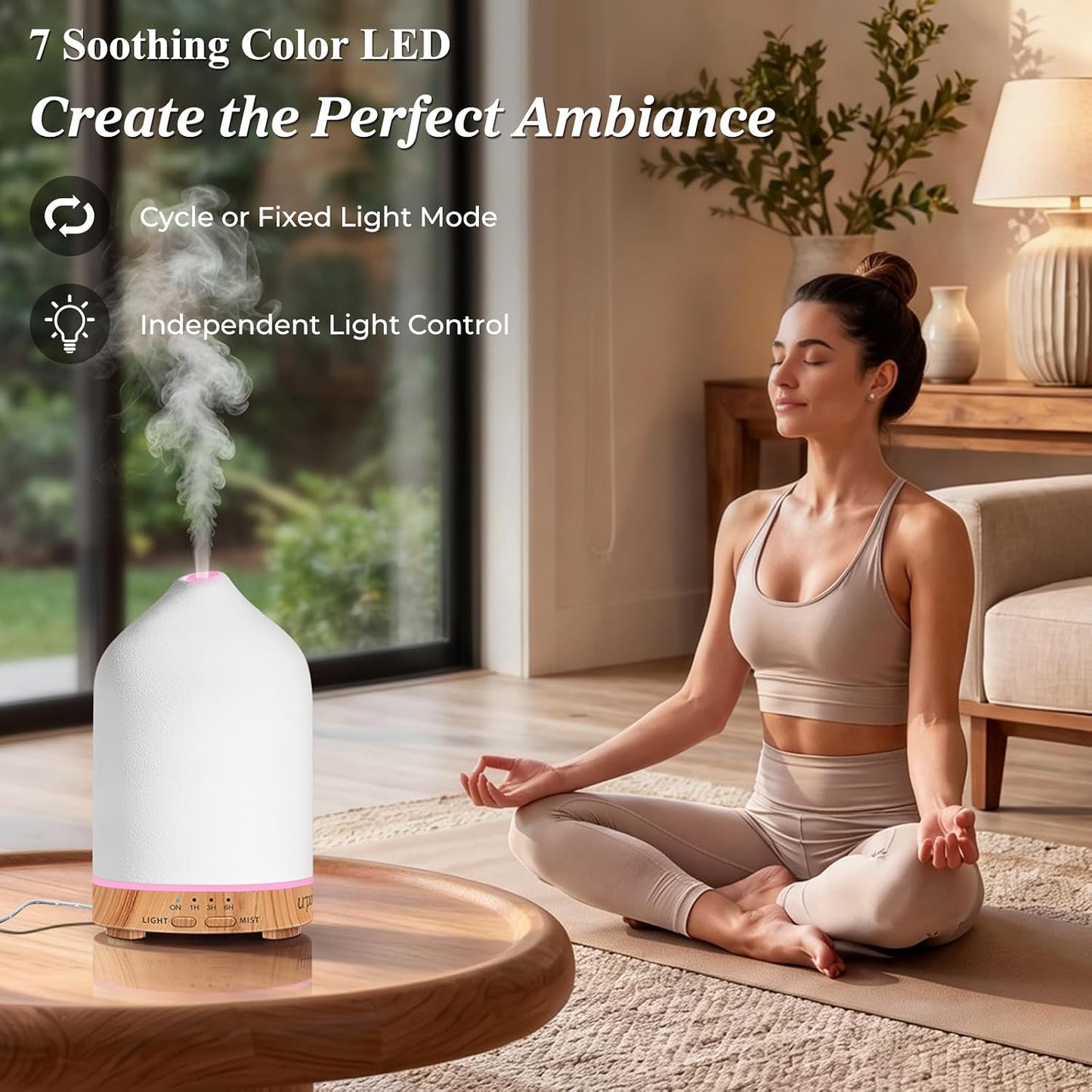 URPOWER 180ML Ceramic Essential Oil Diffuser, Ultrasonic Aromatherapy Diffuser with 7-Color Lights, Auto Shut-Off, Quiet Oil Diffuser for Bedroom, Home Office
