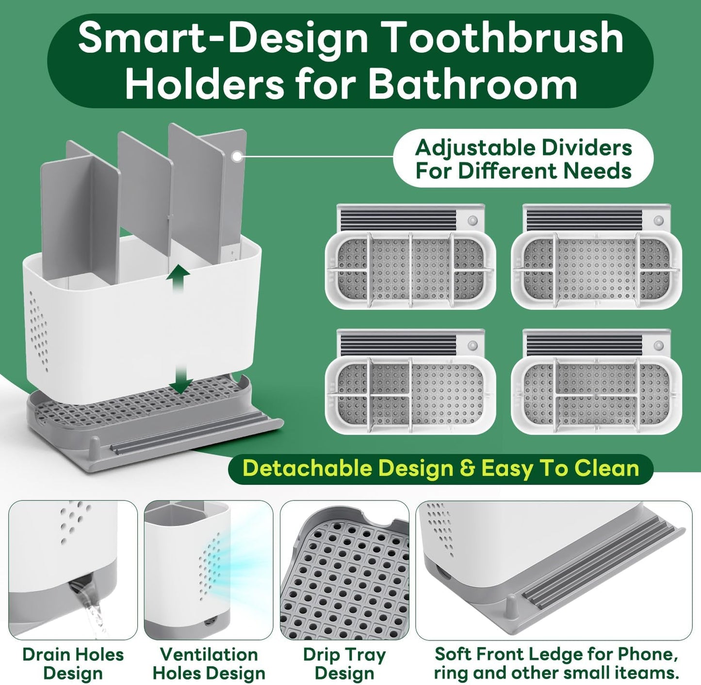 Bathroom Organizers and Storage 6 Slots Wood Grain Electric Toothbrush Holders with Phone Holder and Adjustable Dividers, Cord-Friendly Toothbrush Organizer with Drainage for Family, Kids