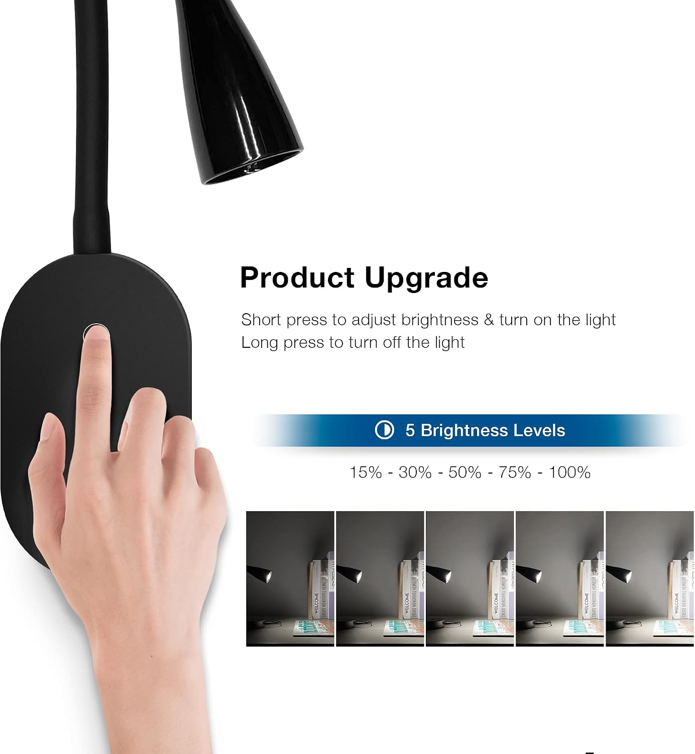 Wall Mount Reading Light, Focused Book Light for Reading in Bed, 5 Dimming, USB Output, 4 Hours Auto Off, Touch Control, Flexible Gooseneck Headboard Reading Lamp, Easy to Install White | Focused bedside light with touch dimming, flexible gooseneck, USB