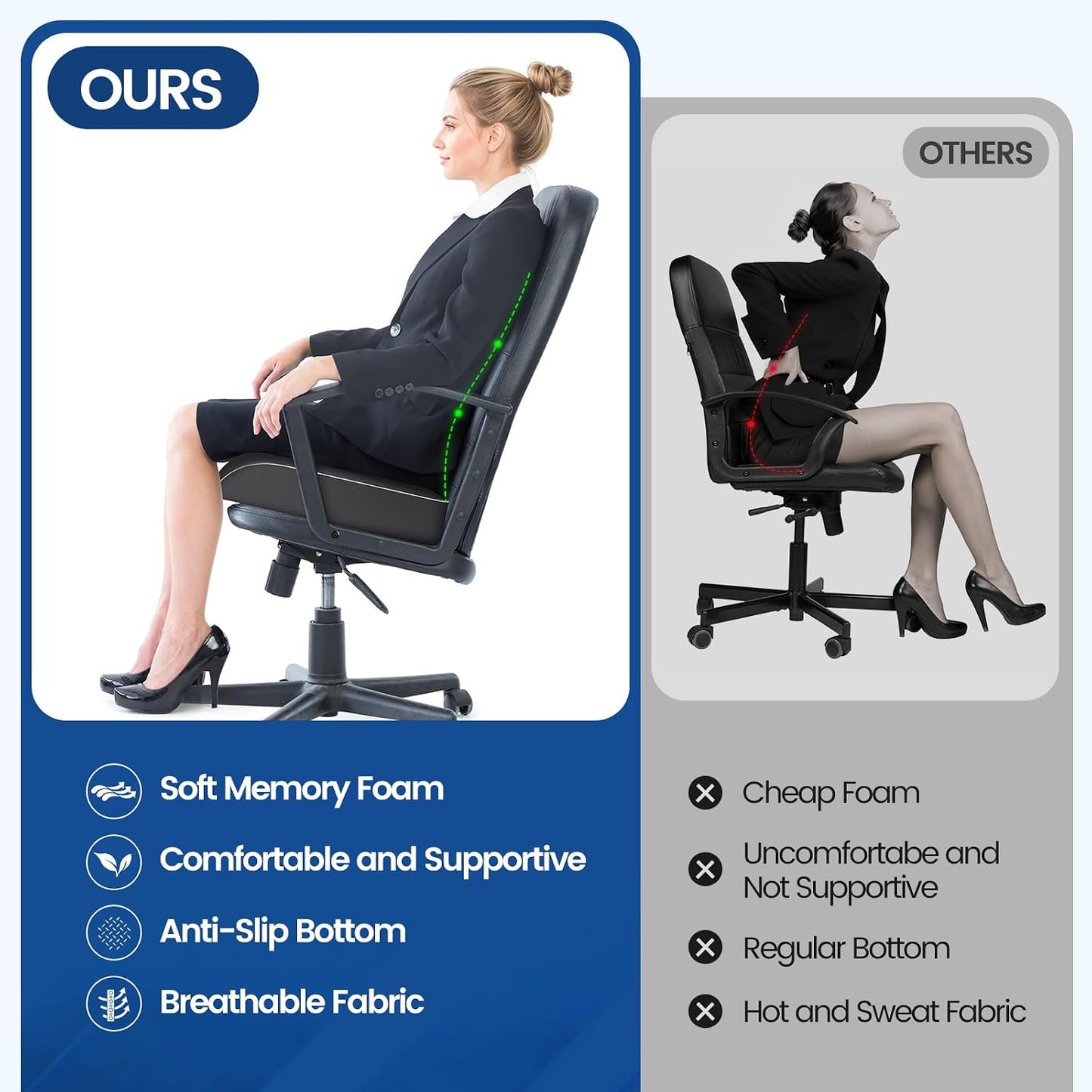SweetSlubr Seat Cushion, Chair Pad, Memory Foam Large Cushion | Office Chair Cushion for Tailbone Pain Relief, Non-Slip Cover, Soft Support for Office Chair, Car Seat, Airplane,Large/Black