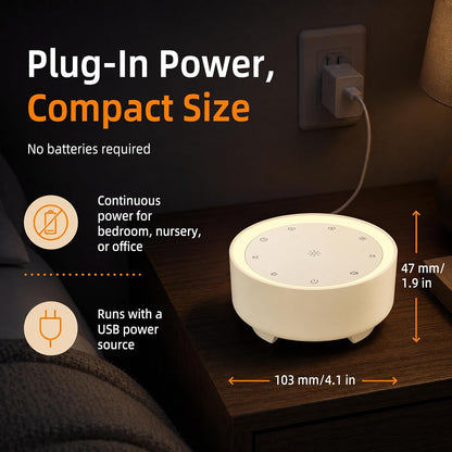 Kipcush White Noise Machine for Sleeping, Baby & Adults, High-Fidelity Non-Looping Sounds, Sleep Sound Machine with Dimmable Night Light, USB Powered, Memory Function, Home, Nursery & Travel