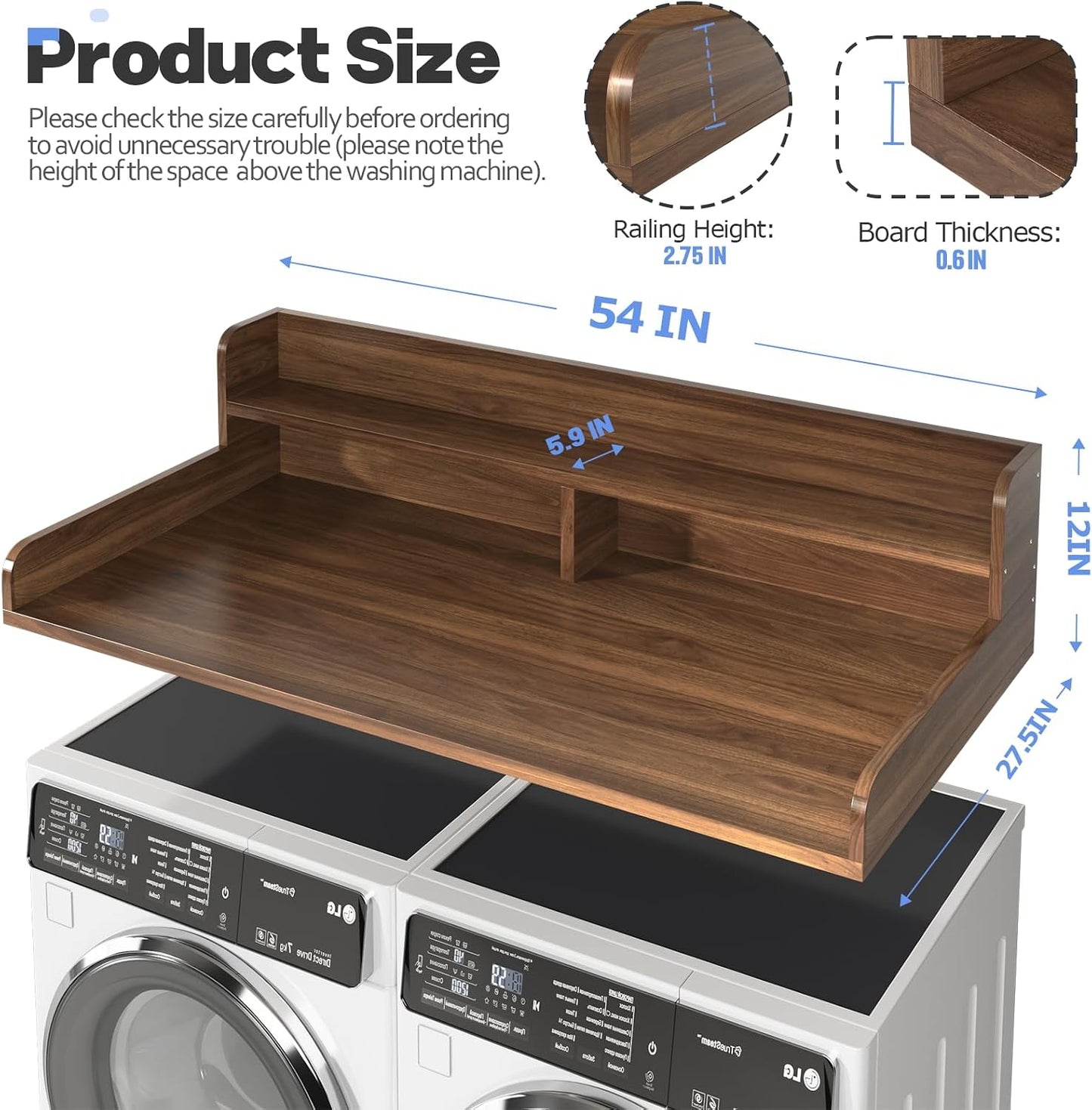 2-Tier Washer and Dryer Countertop with 2.75" H Guard,54" W x 27.5" D Laundry Countertop Cover with Non-Slip Pad,Large Space Laundry Topper for Folding Clothes Over Washer and Dryer-White