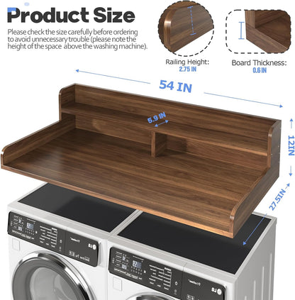 2-Tier Washer and Dryer Countertop with 2.75" H Guard,54" W x 27.5" D Laundry Countertop Cover with Non-Slip Pad,Large Space Laundry Topper for Folding Clothes Over Washer and Dryer-White
