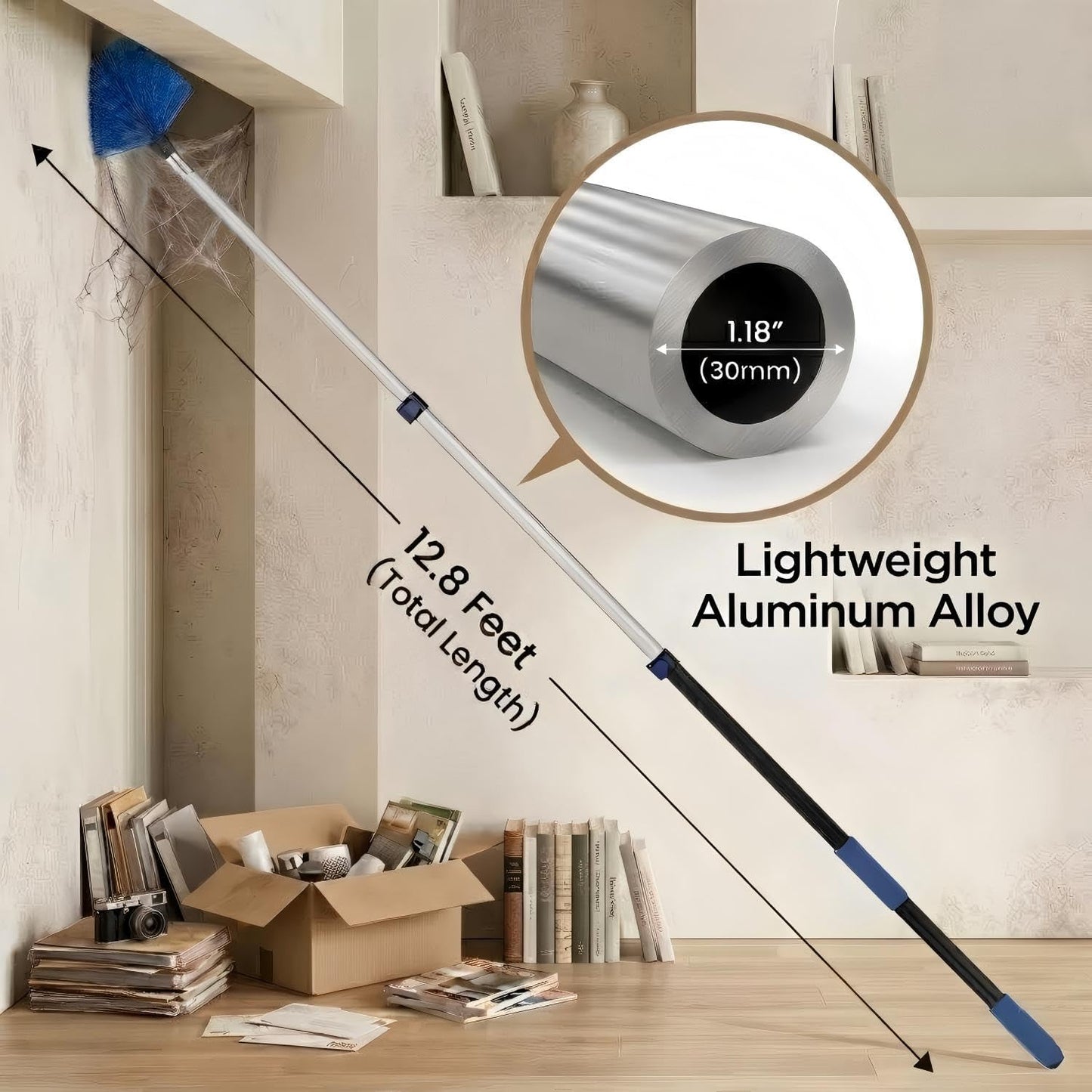 20ft High Ceiling Duster Kits with 5-12ft Heavy Duty Extension Pole - Fan Blade Cleaner, Cobweb Remover & Blue Window Squeegee Kit, Washable Dust Brush for High Roof and Glass Surfaces