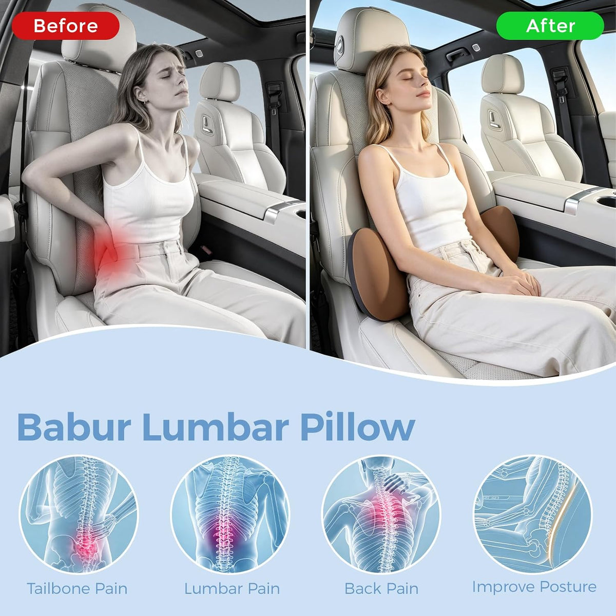 BEBAS Lumbar Support Pillow for Car, Memory Foam Back Cushion for Driving