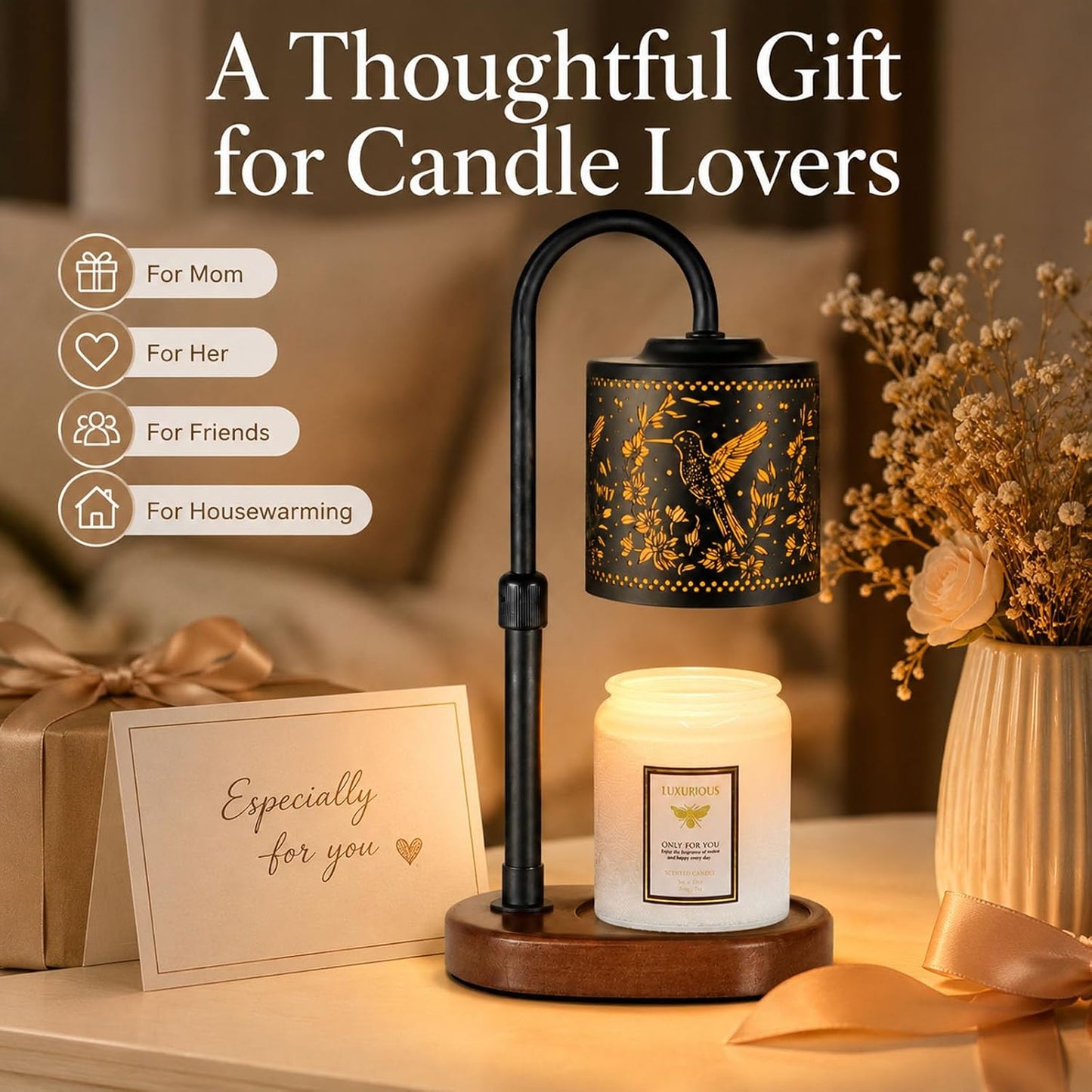 Dimmable Candle Warmer Lamp with Timer Adjustable Height for Scented Jar Candles Electric Candle Wax Melt Warmer for Home Decor Christmas Birthday Gifts for Women Mom(Hummingbird)