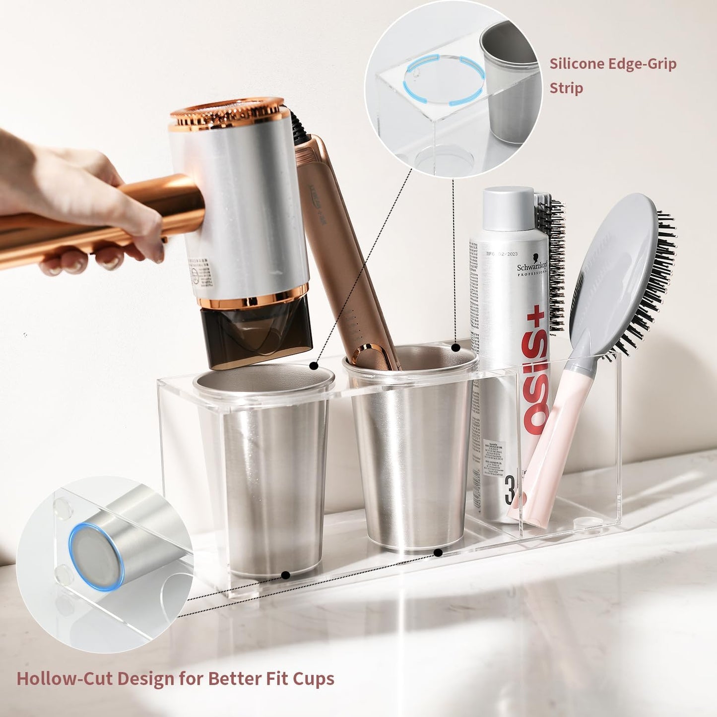 Hot Tools Organizer, Hair Tool Organizer Wall Mount Aluminum Alloy, Space-Saving Curling Iron Holder for Vanity & Bathroom with Stainless Steel Cups White CHOCHOYAH
