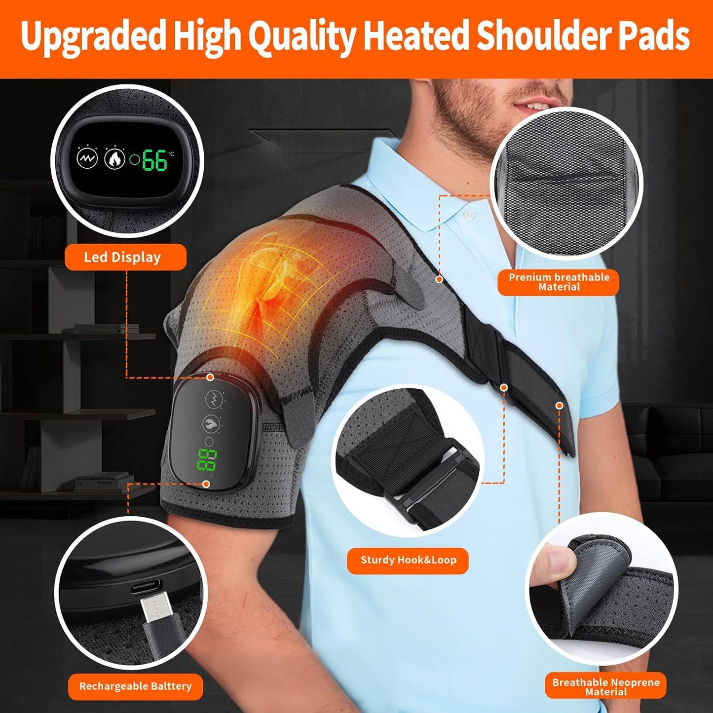 Cordless Heated Shoulder Brace Wrap, Heating Pad with Massage, 3 Heat & Vibration, 5000mAh Battery Powered, Shoulder Massager for Men Women