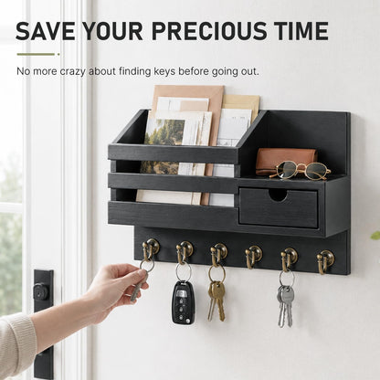 FifthQuarter Key and Mail Holder Wall Mount with Drawer and 6 Sturdy Hooks | Cute Rustic Farmhouse Wooden Key Hanger, Reliable Entryway Organizer for Keys and Daily Essential, Easy Installation, A-White
