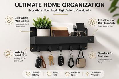 Modern Large Wall Mounted Key Holder with Deep Shelf, Entryway Organizer with 5 Heavy Duty Hooks, Metal Key Rack for Wall, Mail Holder & Dog Leash Hanger, Black