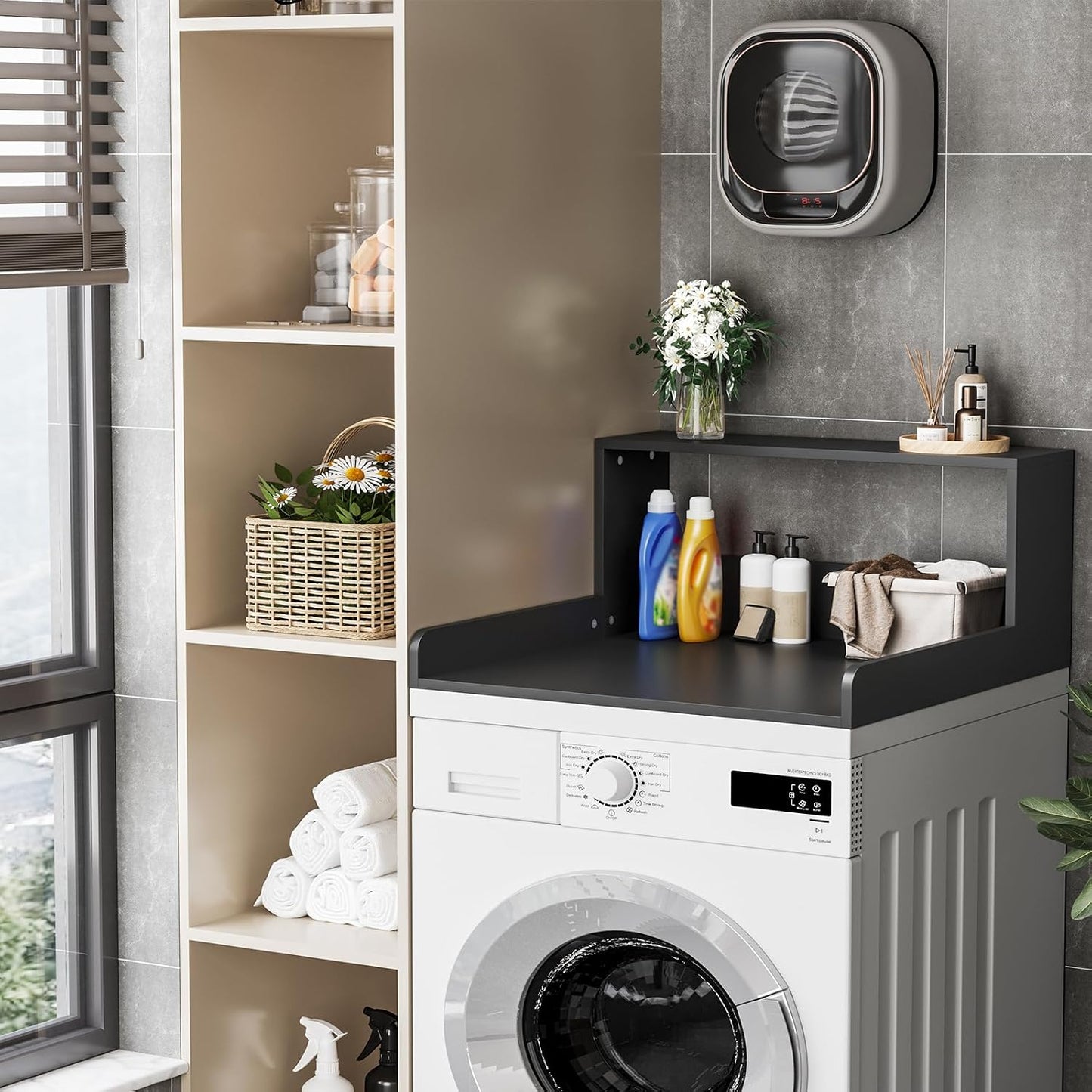Washer Dryer Countertop with Shelf, 27.5" D x 27.5" W x 12.6" H, Sturdy Wood Frame, Countertop for Washer and Dryer, Non-Slip Pads & Edge Rails, Laundry Room Storage(Black)