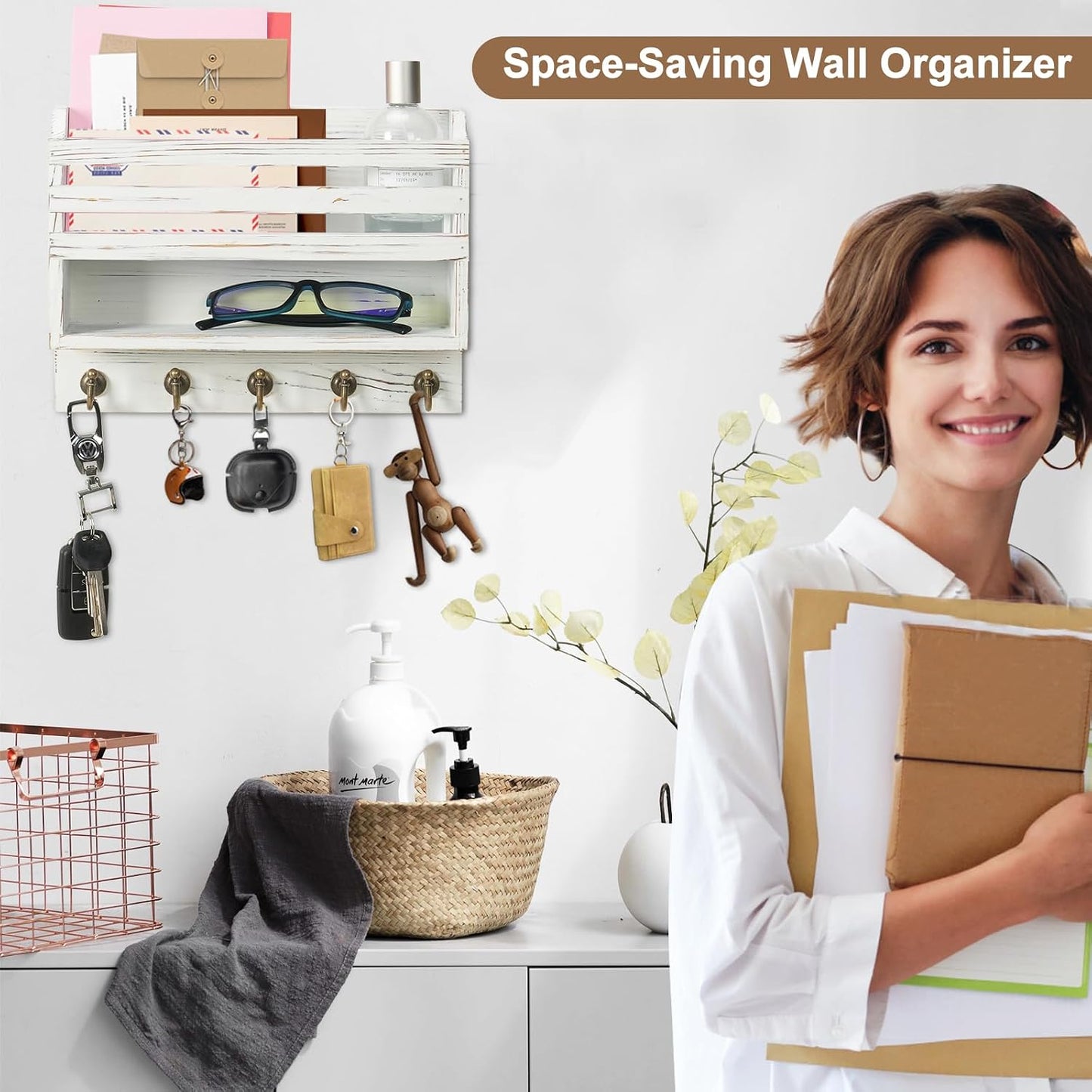 Key Holder Wall Mount with Mail Organizer, 5 Key Hooks, Brown | Wood Mail Organizer Wall Mounted with 5 Key Hooks & Storage Box and Mail Organizer for Entryway, Apartment, Home and Office