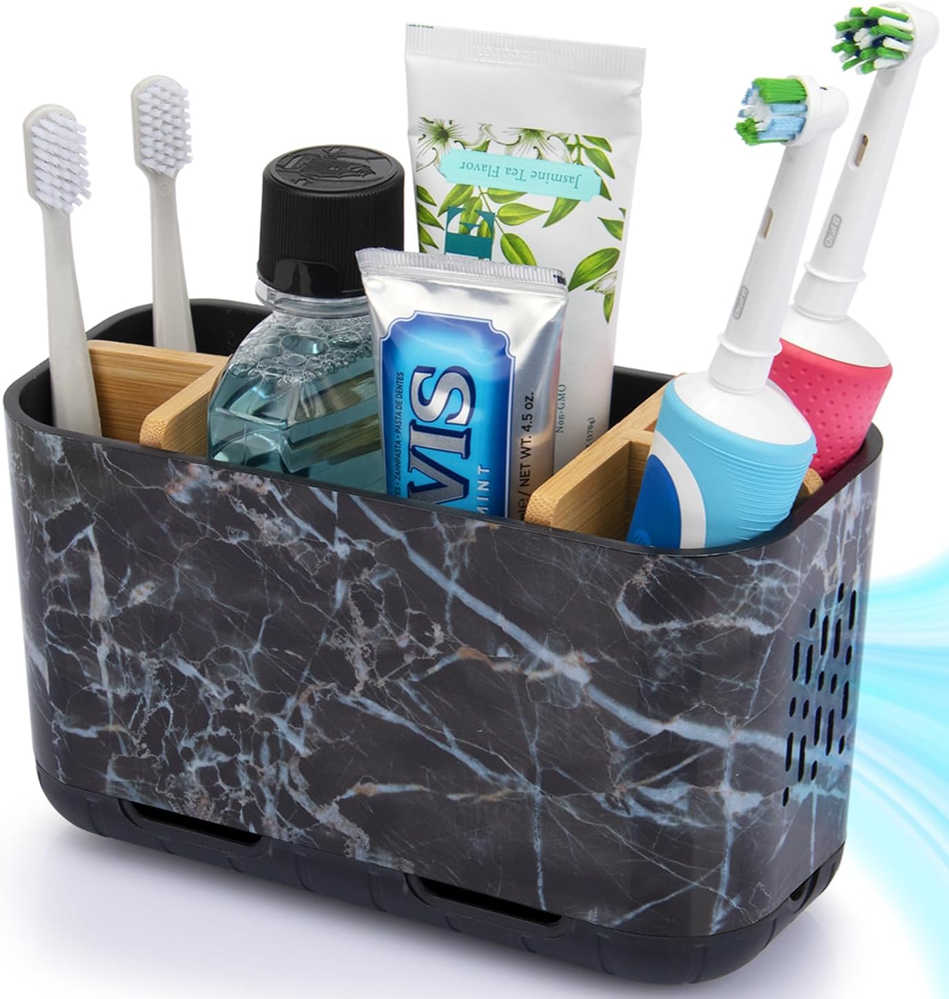 GFWARE Toothbrush Holders for Bathrooms - Bamboo Divider Toothbrush and Toothpaste Holder with Drainage, Kids Electric Toothbrush Organizer for Bathroom Countertop, White Tooth Brush Holder | 5 Slots Toothbrush and Toothpaste Holder with Bamboo Divider,