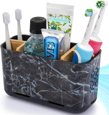 GFWARE Toothbrush Holders for Bathrooms - Bamboo Divider Toothbrush and Toothpaste Holder with Drainage, Kids Electric Toothbrush Organizer for Bathroom Countertop, White Tooth Brush Holder | 5 Slots Toothbrush and Toothpaste Holder with Bamboo Divider,