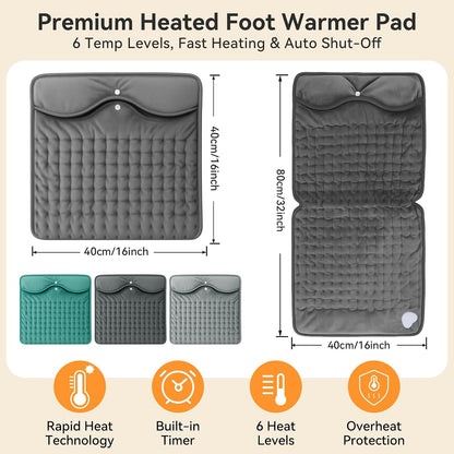 Electric Foot Warmer for Feet: Double Sided Foot Heated Pad with Six Adjustable Four Timed Options Machine Washable Easy to Fold, Feet Warmer for Bed Desk Office Birthday/Christmas Gift