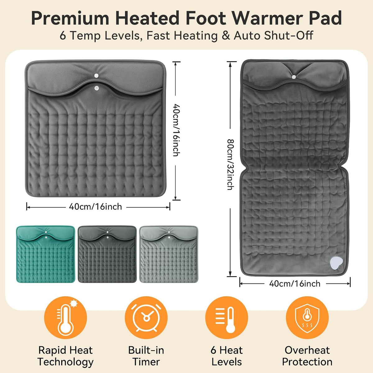 Electric Foot Warmer for Feet: Double Sided Foot Heated Pad with Six Adjustable Four Timed Options Machine Washable Easy to Fold, Feet Warmer for Bed Desk Office Birthday/Christmas Gift