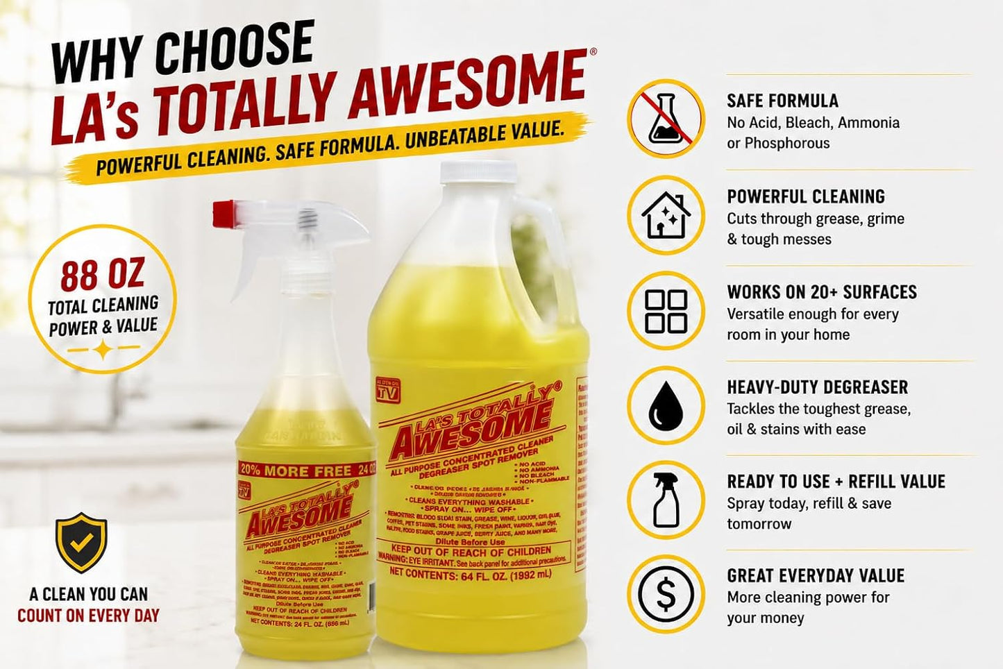 La's Totally Awesome All Purpose Cleaner & Degreaser, 24 oz Spray + 64 oz Refill, Multi Surface Cleaner, Kitchen & Bathroom Cleaner, Grease Remover for Floors, Tile & Countertops