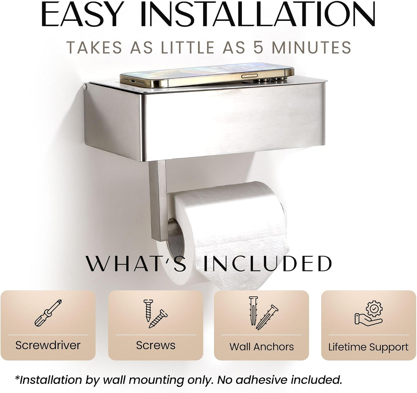 Day Moon™ - Toilet Paper Holder with Shelf - Modern Roll Holder for Bathroom - 1 Pack - Wall Mount - with Storage, Gold
