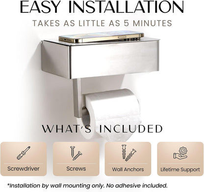 Day Moon™ - Toilet Paper Holder with Shelf - Modern Roll Holder for Bathroom - 1 Pack - Wall Mount - with Storage, Gold