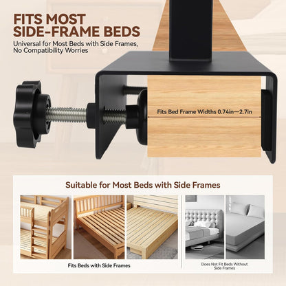 Bedside Shelf Rotating Foldable Tray:Height-Adjustable Clip On Bed Side Tray Table, Tray Table with Sturdy Metal Pole,Fits Bed Frames 0.7"-2.7" Wide for Dorms, Apartments, Bedrooms,Dorm Essentials