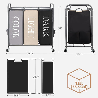 STORAGE MANIAC 3 Section Laundry Sorter, 35.6 Gal (135 L) Laundry Hamper Cart with Heavy Duty Rolling Lockable Wheels and Removable Bags, Clothes Organizer Basket Separator Hamper, Gray