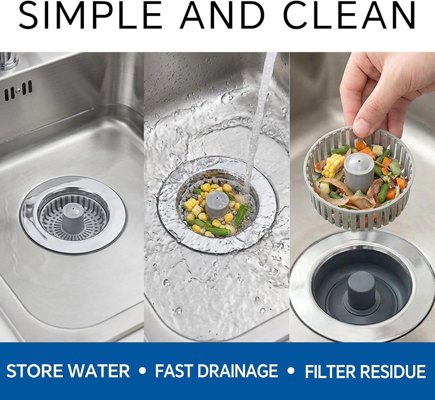 Solid Brass Body 3-in-1 Kitchen Sink Drain Strainer & Stopper, Heavy Duty Pop Up Plug Assembly with 2 Baskets, Anti-Clog Replacement for US Standard 3-1/2 Inch Drains, Rust-Proof Silver