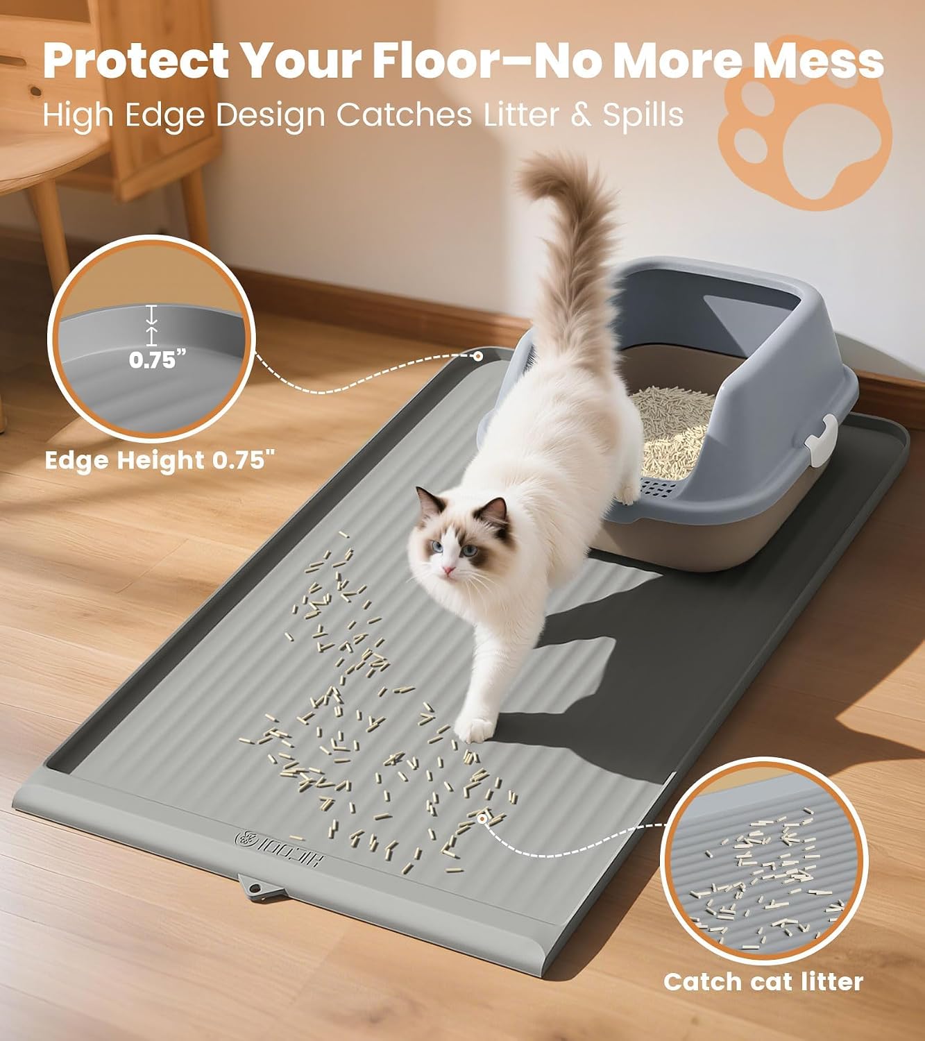 Cat Litter Mat 36"x24", Waterproof Litter Trapping Mat, Grey | Raised Edges Prevent litters, Diversion Grooves, Non-slip Backing, Easy to Clean