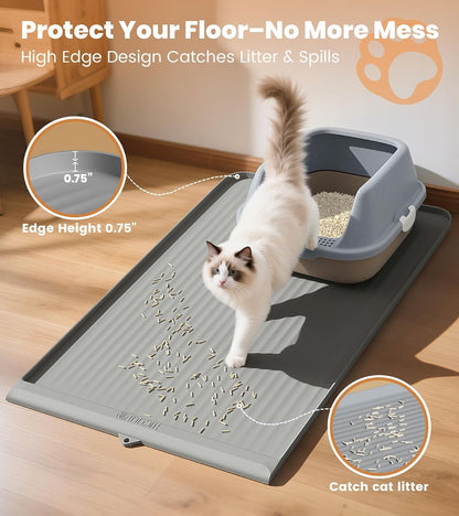 Cat Litter Mat 36"x24", Waterproof Litter Trapping Mat, Grey | Raised Edges Prevent litters, Diversion Grooves, Non-slip Backing, Easy to Clean