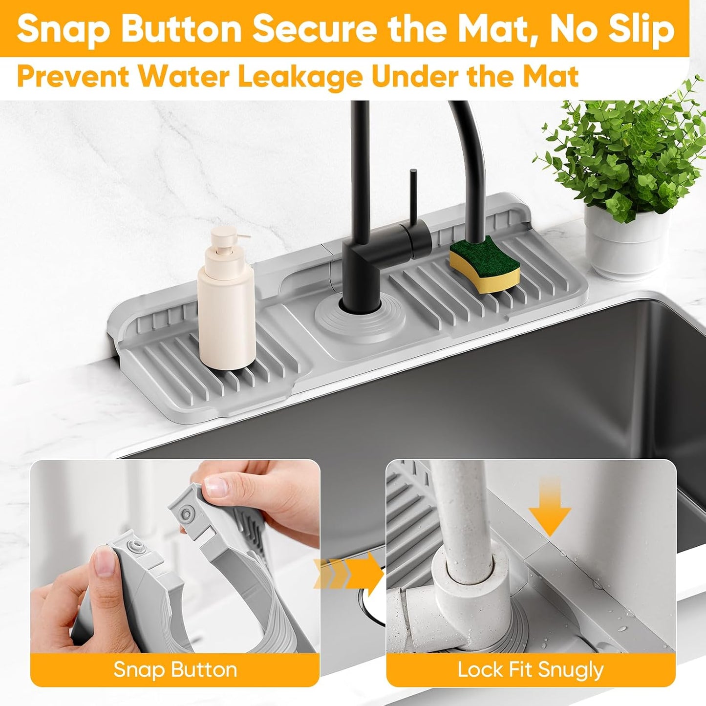 24'' Longer Faucet Mat for Kitchen Sink Splash Guard[7° Slope Fast Self-draining][Snap Lock Fit]Kitchen Sink Faucet Mat Splash Guard Kitchen Sink Area Water Splash Guard Behind Faucet Draining Mat