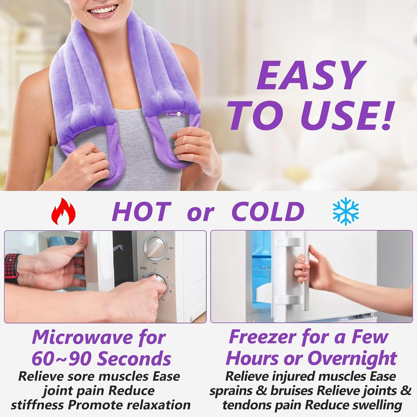 AiricePac Microwave Heating pad for Neck and Shoulders Back 33 * 5" microwavable Moist Heat Pack Warm hot Compress Neck wrap Weighted Rice Bean Bag Reusable Herbal Nature Calming Portable Grey