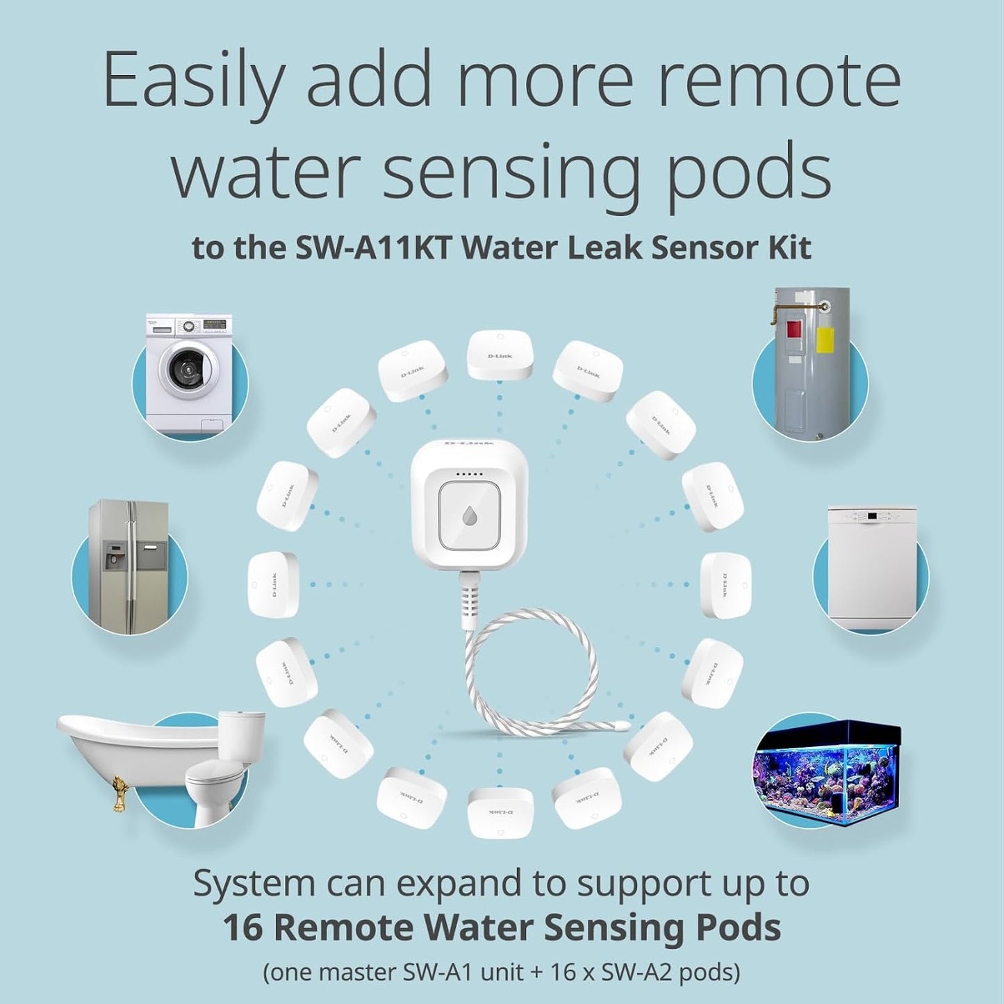 D-Link Next-Gen WiFi Water Leak Detector Starter Kit with 2 sensors—Loud 100 dB Sound Alarm—App Alert—LED Strobe Light—No Hub Required—Works with Google—1000ft Ultra-Long Range—Expandable (SW-A11KT)