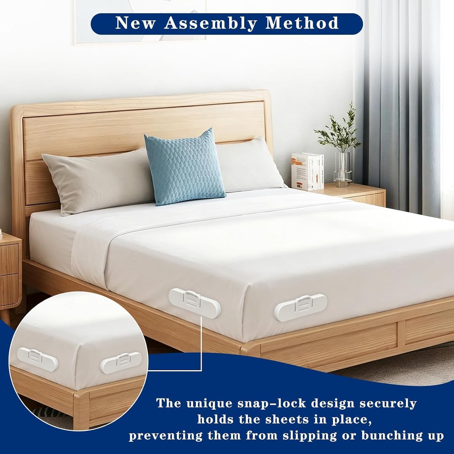 Bed Sheet Holders for Corners, 4 Pack Fitted Sheet Grippers with 8 Locks | 4 Holders + 8 Fasteners, Non-Slip Sheet Clips, Snap Lock Design,Easy Install, Universal For Home Hotel Kid Bed