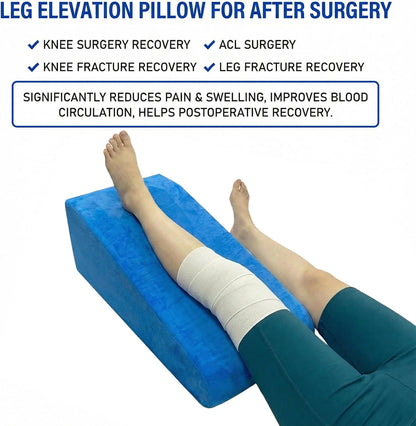 Leg Elevation Pillow for After Surgery,Blue Crystal Cotton | High-Density Foam Wedge Pillow for Knee Surgery Recovery, Single Leg Support for Ankle Injury, Swelling & Blood Circulation