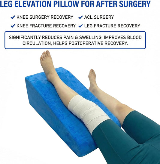 Leg Elevation Pillow for After Surgery,Blue Crystal Cotton | High-Density Foam Wedge Pillow for Knee Surgery Recovery, Single Leg Support for Ankle Injury, Swelling & Blood Circulation