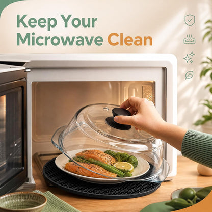 10-Inch Glass Microwave Splatter Cover with 2 Steam Vents and Silicone Mat | Clear Borosilicate Glass, Easy-Grip Silicone Knob with Ceramic Screw, Fits Most Dinner Plates and Bowls