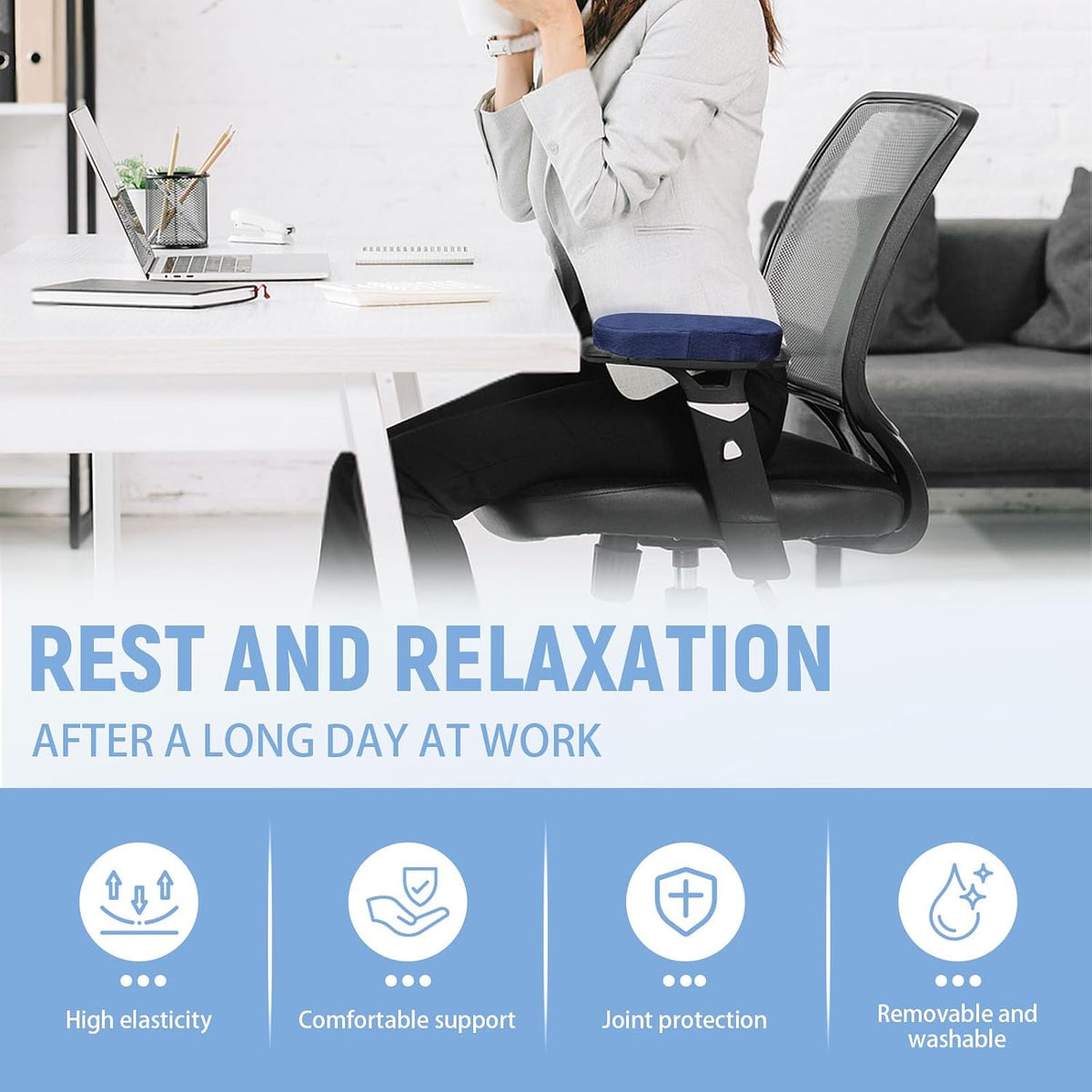2 Packs Soft Office Chair Arm Pads Cushion, Memory Foam Office Chair Armrest Covers, Comfortable Elbow Rest Pillow Adjustable for Desk Gaming Wheelchair Pressure Relief