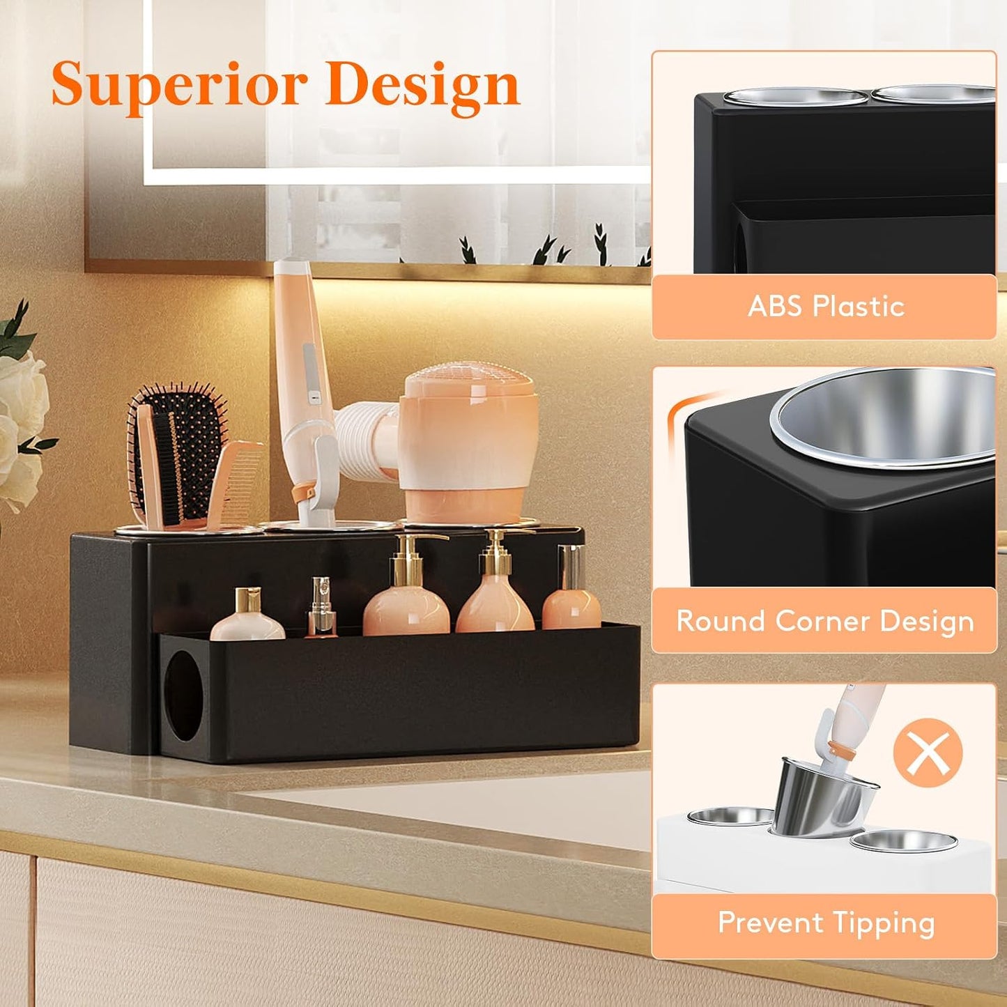 Lifewit Hair Tool Organizer Dryer Holder Countertop with 4 Cups, Black | 4 Stainless cups Tools Organizer, Acrylic body Hair Product Storage for Curling Iron, Brush, Straightener, Bathroom