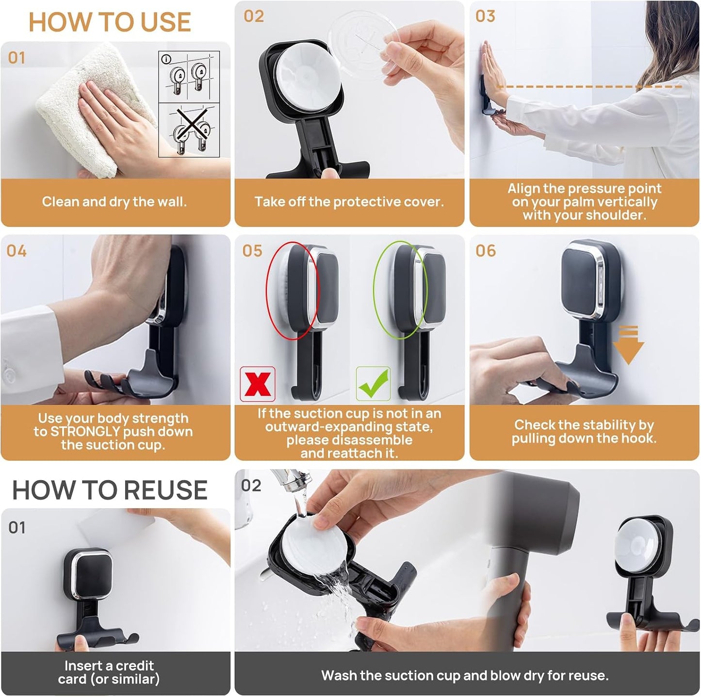 Razor Holder for Shower 2 Pack, Powerful Vacuum Suction Cup Hook for Towel, Loofah, Razor, Squeegee, Damage-Free Wall Shower Hook, Shaver Holder for Bathroom, Easy to Install and Reuse, Black