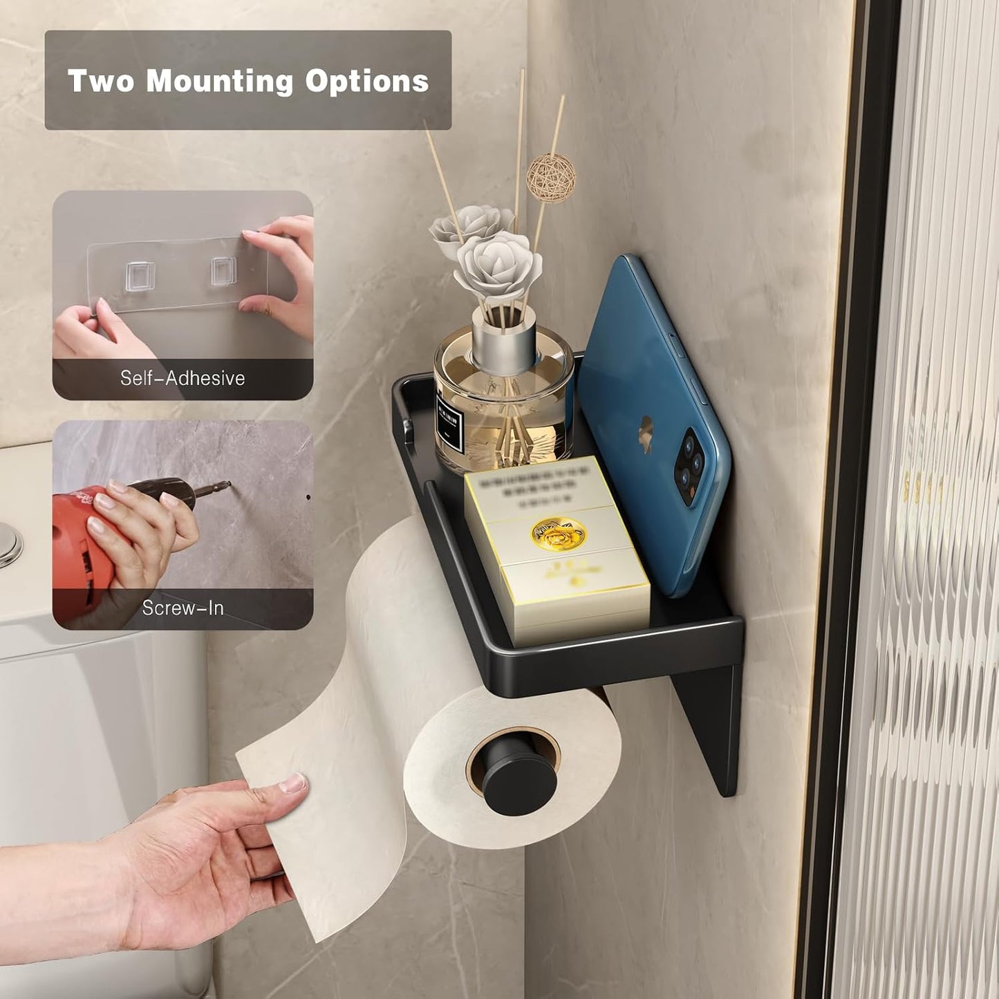 VOLDRA Toilet Paper Holder with Shelf Black Wipes Dispenser for Bathroom Toilet Paper Holder with Storage Upgrade Drawer Design Toilet Tissue Holder Adhesive Small Bathroom Shelf Wall Mount