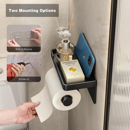 VOLDRA Toilet Paper Holder with Shelf Black Wipes Dispenser for Bathroom Toilet Paper Holder with Storage Upgrade Drawer Design Toilet Tissue Holder Adhesive Small Bathroom Shelf Wall Mount