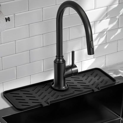Silicone Faucet Mat for Kitchen Sink – Gen 2 Splash Guard with Upgraded Outlet & Slope – 18” x 5.1” Water Catcher & Sink Sponge Holder for Kitchen and Bathroom (Black)