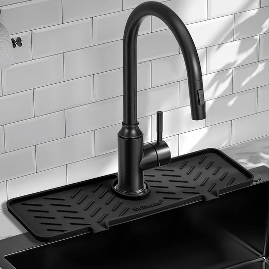 Silicone Faucet Mat for Kitchen Sink – Gen 2 Splash Guard with Upgraded Outlet & Slope – 18” x 5.1” Water Catcher & Sink Sponge Holder for Kitchen and Bathroom (Black)