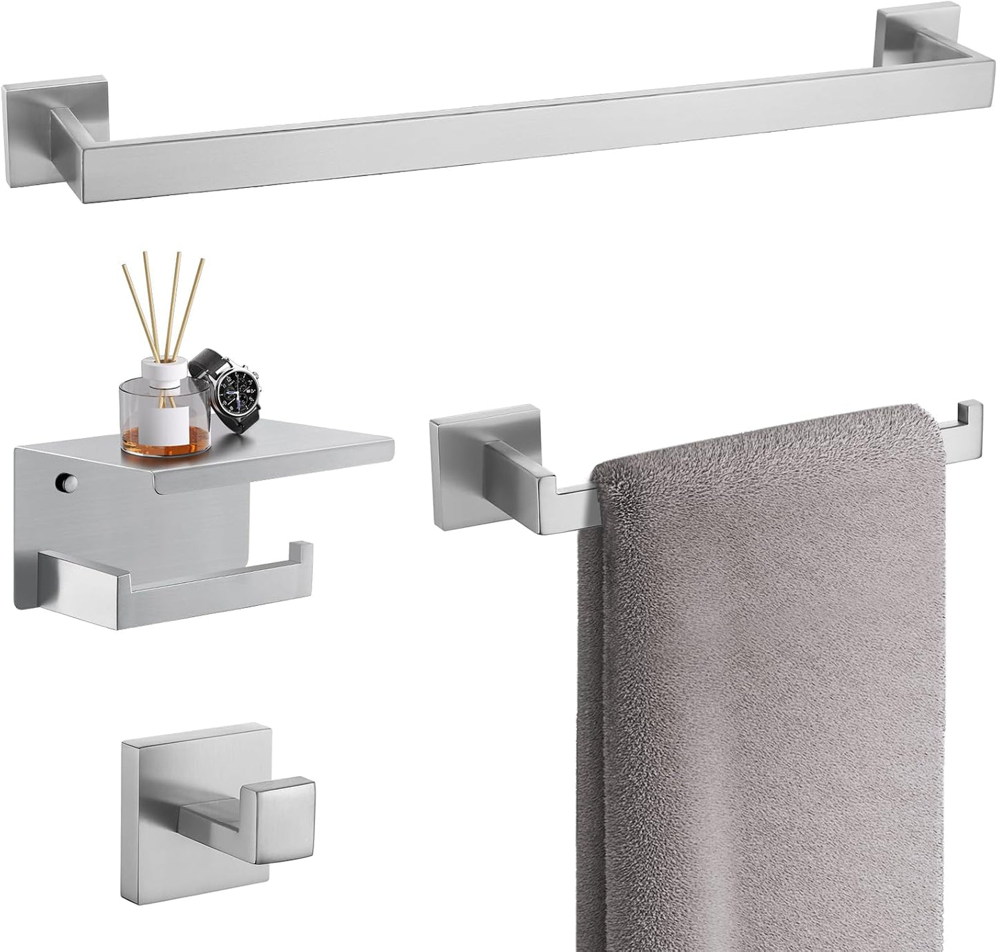 TURS Bathroom Hardware Set Black 4-Piece Towel Bar Set Include 24 Inch Towel Bar Hand Towel Holder Towel Hook Toilet Paper Holder with Shelf Wall Mounted Stainless Steel Bathroom Accessories Set